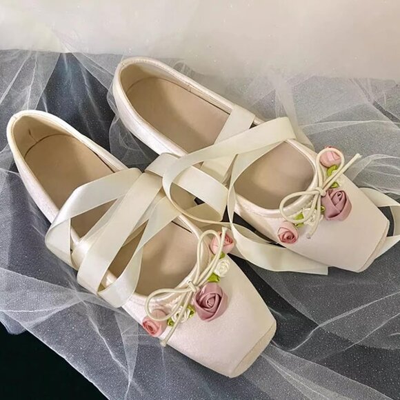 Women Beigeflower Canvas Lace Up Ankle Strap Floral Dressy Ballet Flats Shoes - Picture 6 of 6